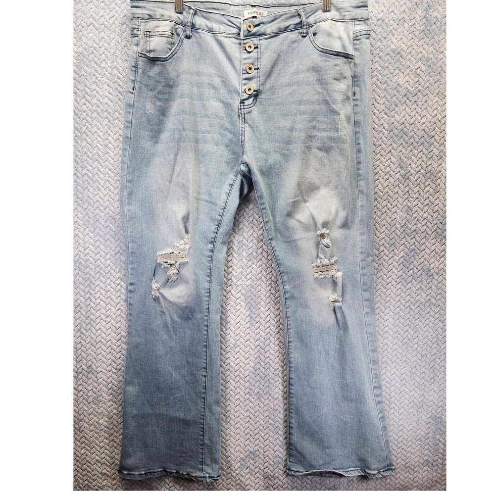 Hawalili Womens 2XL Light Wash Distressed Button Fly Flare Leg Jeans 920212#